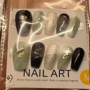 Nail Art Press On Nails Sage Green Marble Gold Foil Pearl Coffin Shape Size M